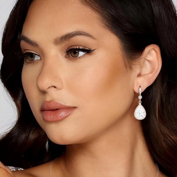 14K White Gold with White Diamond Cubic Zirconia Teardrop Hook Dangle Earrings - Picture 4 of 5